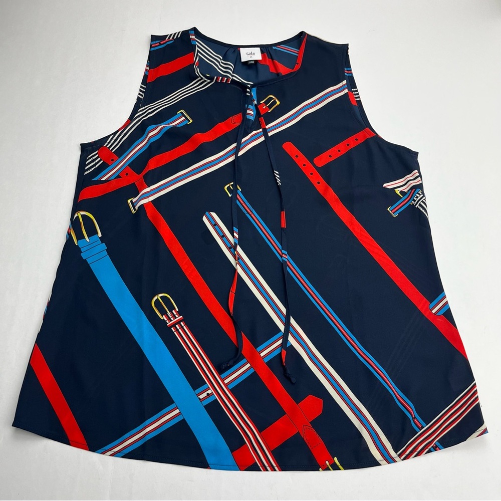 CAbi Women Style 5736 Hold‎ Up Top Sz M Keyhole Tie Front V Neck Navy Belt *FLAW